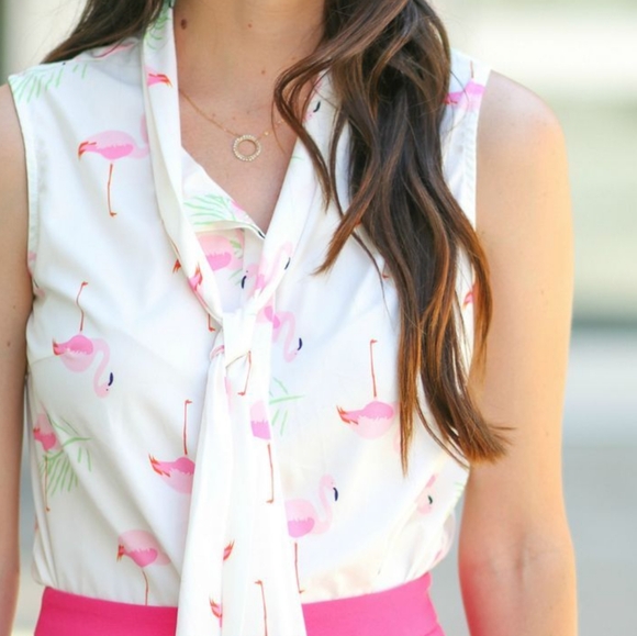 Flamingo Tie-Front Button-Up Blouse - White and Pink - Size Small - Picture 1 of 6